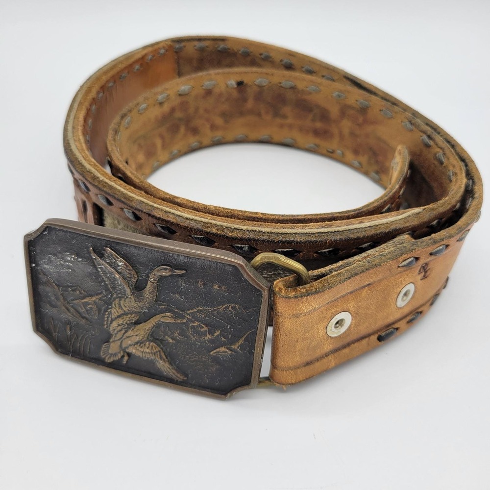 Vintage 1978 BTS Solid Brass Duck Buckle Tooled Leather Belt Max Mens 36 38 40